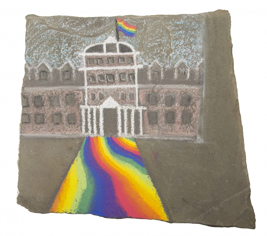 chalk drawing on stone of Parrish Hall and a rainbow-colored Magill Walk